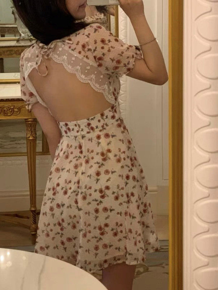 Summer Elegant Floral Dress Women Lace Up Designer Backless Sexy Mini Dress French Retro High Waist Chic Party Sweet Dress