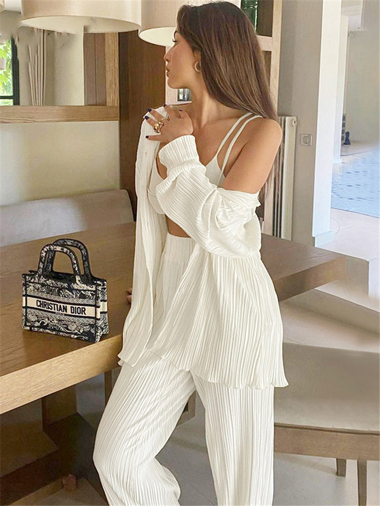 Lizakosht New Luxury Pleated Women's Set Oversized Two Piece Set Turn Down Collar Shirt Top And Pants Sets Casual High Street