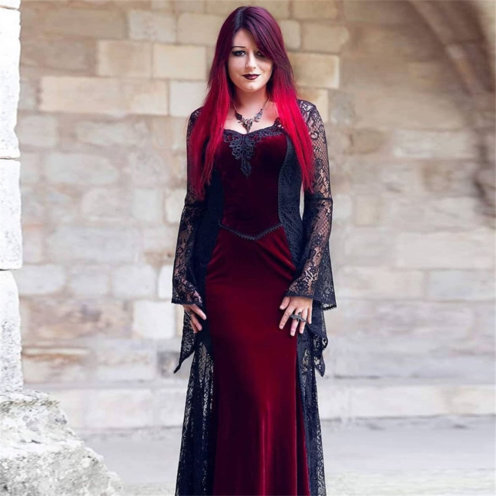 Gothic Dark Mesh Midi Dress Women Victorian Costume Velvet Robe Renaissance Witch Medieval Dresses Cosplay Wizard Halloween Y2k