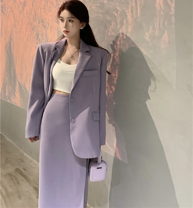 Quality Office Ladies' Suits With Skirt Two-Piece Setup Autumn Women Purple With Belt Blazer Chic High-Waist Split Skirt Outfit