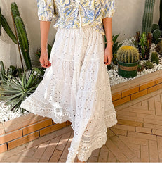 Lizakosht white eyelet skirts for women elastic waist tassel tied pom pom trims summer skirt long bohemian skirts womens