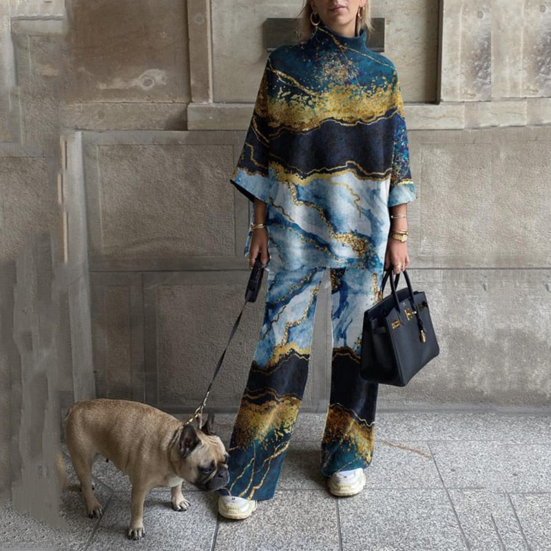 Fashion Turtleneck Hoodie And Wide Leg Pants Suit Elegant Pattern Print Tracksuits Outfit Women Long Sleeve Loose Two Piece Sets