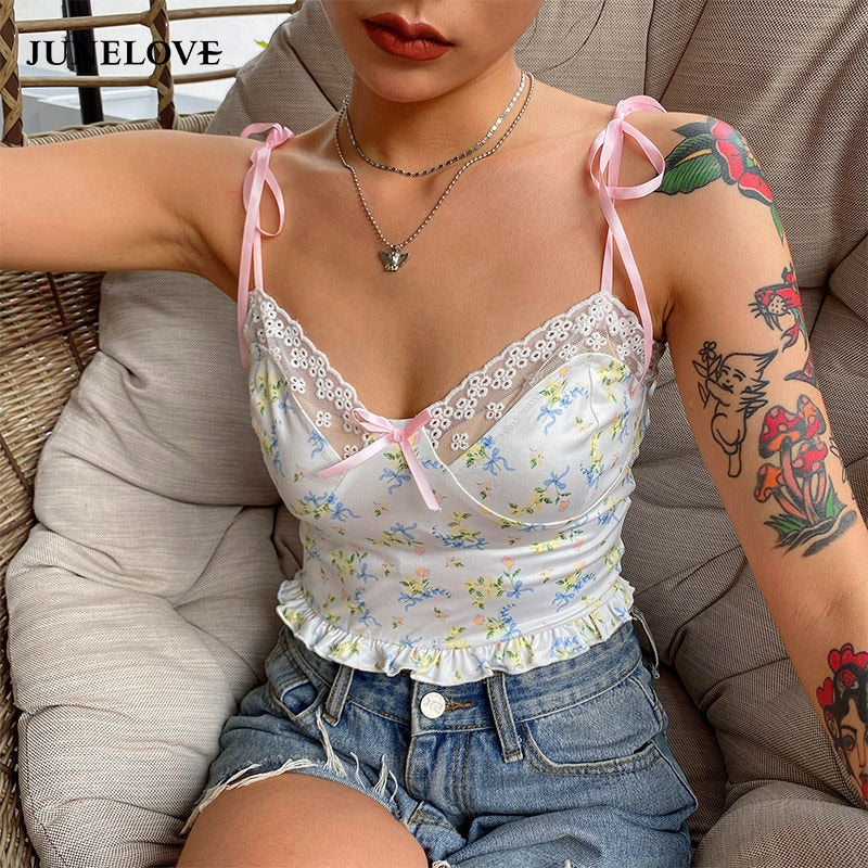 Lizakosht Streetwear Flower Print Mesh Top Women Camis V Neck Lace Patchwork Sexy Tops Strap Party Summer Crop Top Camisole Hot
