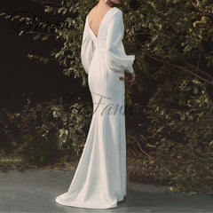 Lizakosht Simple V-Neck Backless Mermaid Wedding Dresses Long Sleeve Satin Floor-Length Bridal Gown vestido de noiva robe de mariée