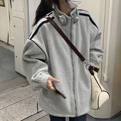 Autumn winter new cardigan stand-up collar sweatshirt plus velvet thickening female preppy Korean loose baseball uniform jacket