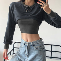 Sling small vest round neck long-sleeved sweatshirt for women's outerwear two piece solid color sexy pullover tops women