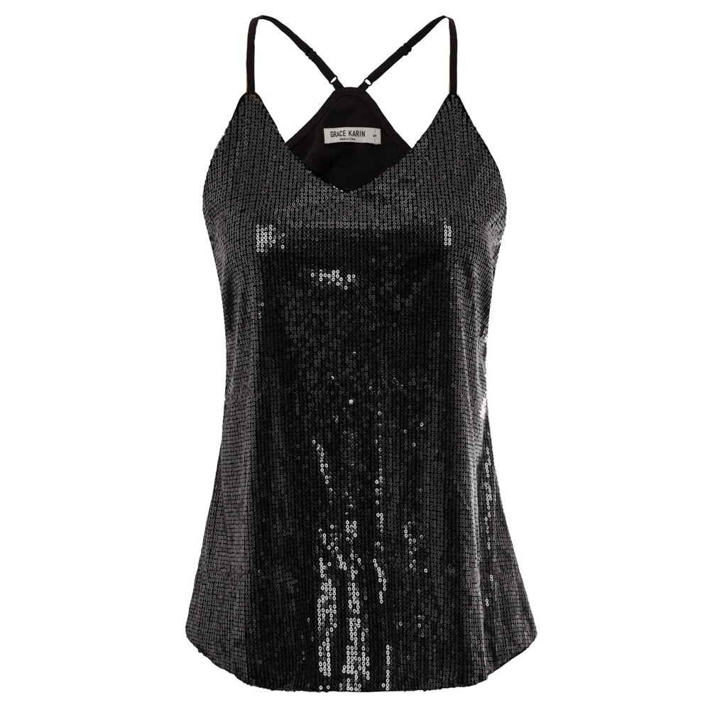 Grace Karin Women\\\'s Sequin Sexy V-Neck Top Spaghetti Strap Summer Cocktail Party Sequined Camisole Tank