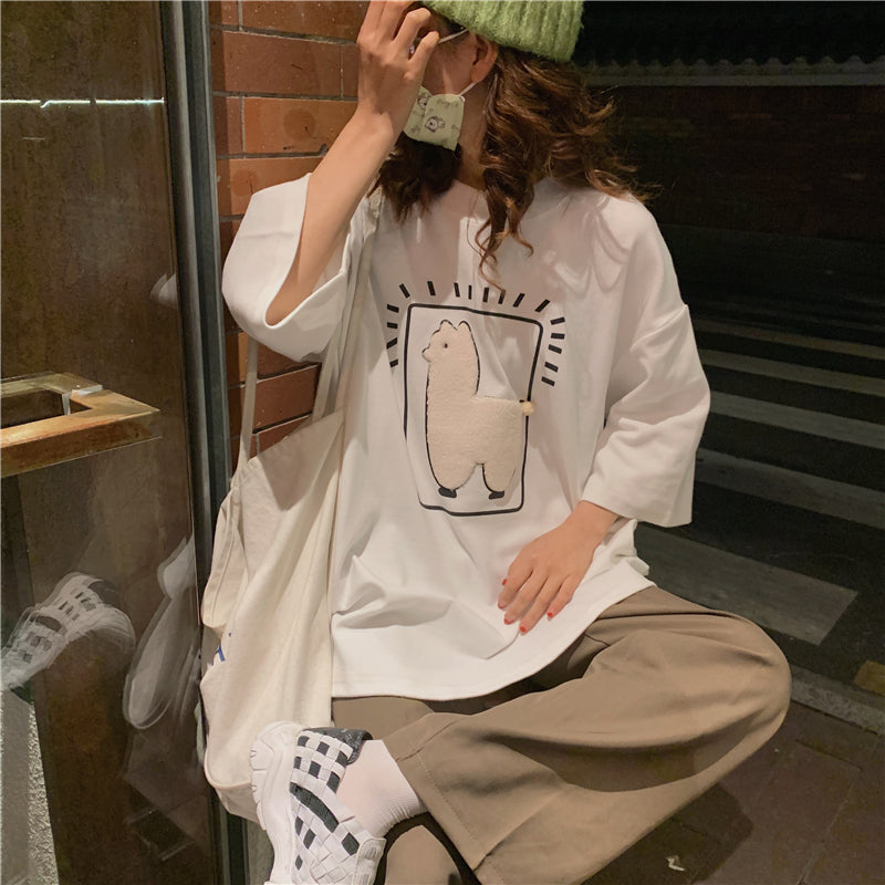 Lizakosht  Cartoon Alpaca Animal Printed Casual Loose Oversize Korean Style 2021 Summer Short Sleeve Women Top Female T-shirts