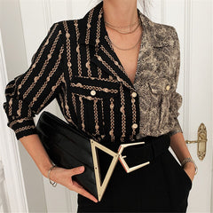 Spring Women Fashion Vintage Blouse Single Breasted Turn-down Collar Asymmetrical Print Loose Shirt Long Sleeve Blouse