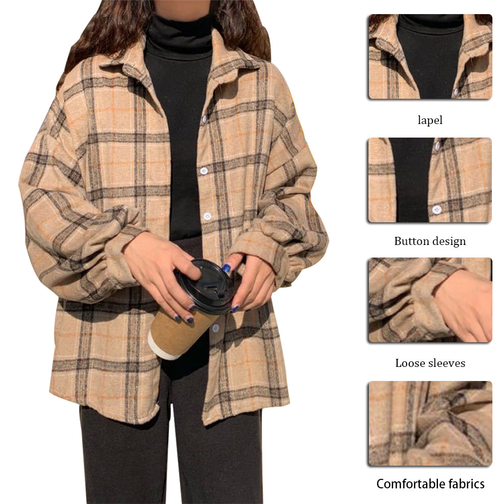 Women Vintage Warm Shirt Jacket Autumn Winter Plaid Long Shirt Jacekt Casual Loose Buttons Pockets Turn down Shirt Coat