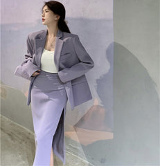 Quality Office Ladies' Suits With Skirt Two-Piece Setup Autumn Women Purple With Belt Blazer Chic High-Waist Split Skirt Outfit