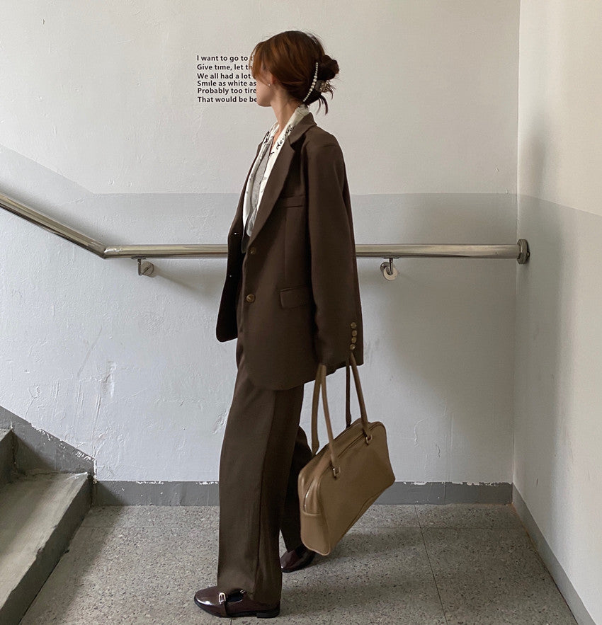 New Fashion Vintage Blazer Pants Suit OL Elegant Business Wear Blazers + High Waist Wide Leg Pants Suits 2 Piece Set