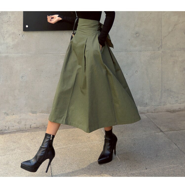 New Women Bandage A Line Skirt 2022 Spring Autumn Back Bow Slim Vintage Skirt Laides Office Wear Skrits