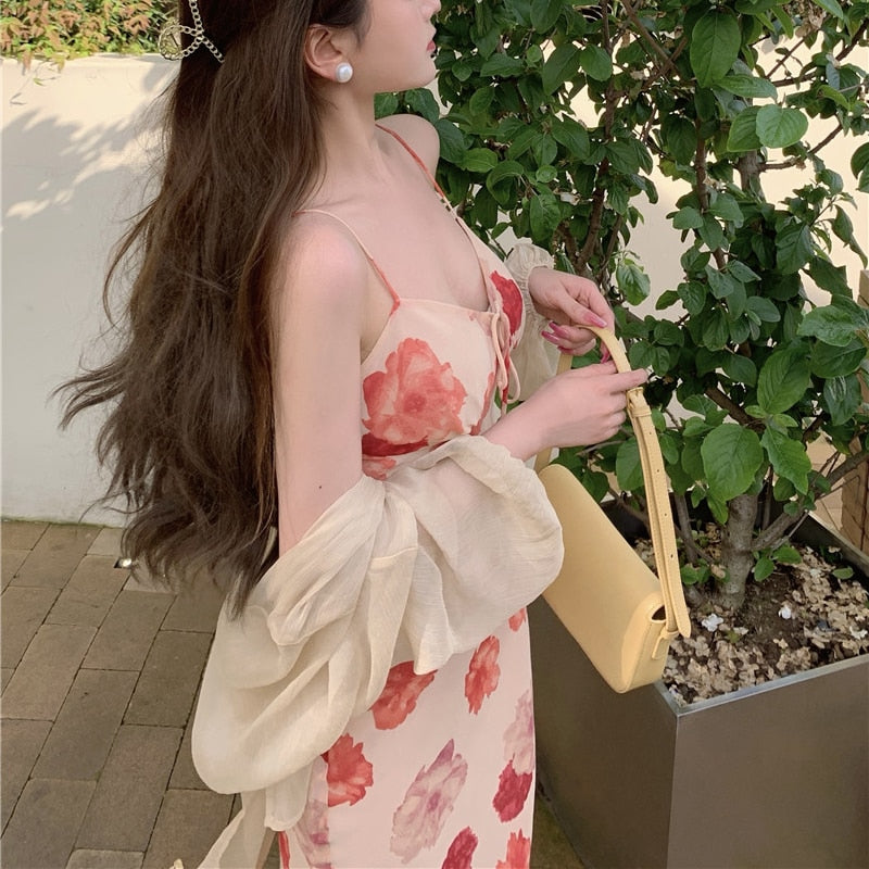 Lizakosht French Vintage Strap Dress Women Sweet Elegant Sleeveless Sexy Floral Dress Female Casual V-neck Beach Party Dress Summer 2021