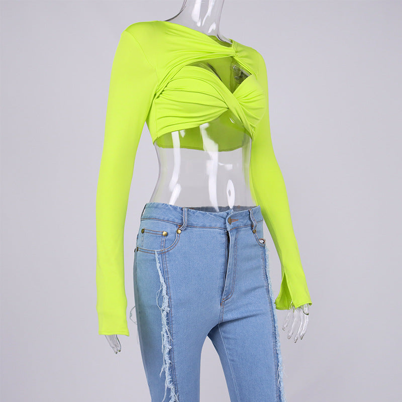 Fall Fashion Tops Women 2022  Long Sleeve Bodycon Top Green Cut Out Sexy Crop Top Blouses Slim Fit for Party Club