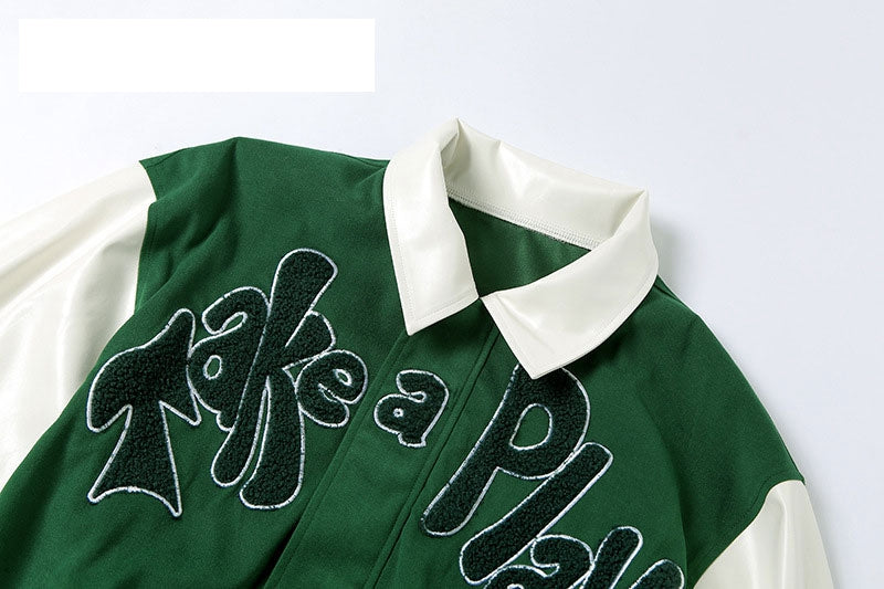 Autumn ‘TAKE A TRIP’ Bomber Jacket Women Grass Green Contrast Sleeve Bomber Jacket with Letter Applique Baseball Jacket