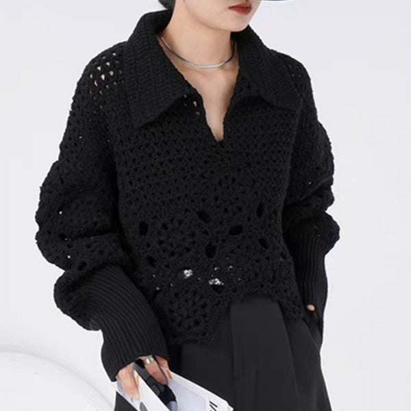 New  Spring Autumn Women Sweater Pullovers Knitted Korean Fashion Hollow Out Irregular Jumpers Short Tops