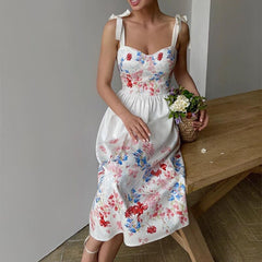 Lizakosht  Spaghetti Strap Floral Print Women's Midi Dress Elegant Lace Up Sleeveless Dresses For Woman Summer Fashion Party Vestidos