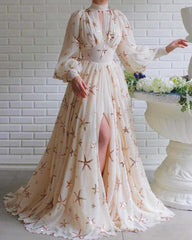 Long Dress White Dress New Women Turtleneck High Slit Maxi Dress Elegant Sequined Tunic Classy Evening Party Formal A-Line Maxi