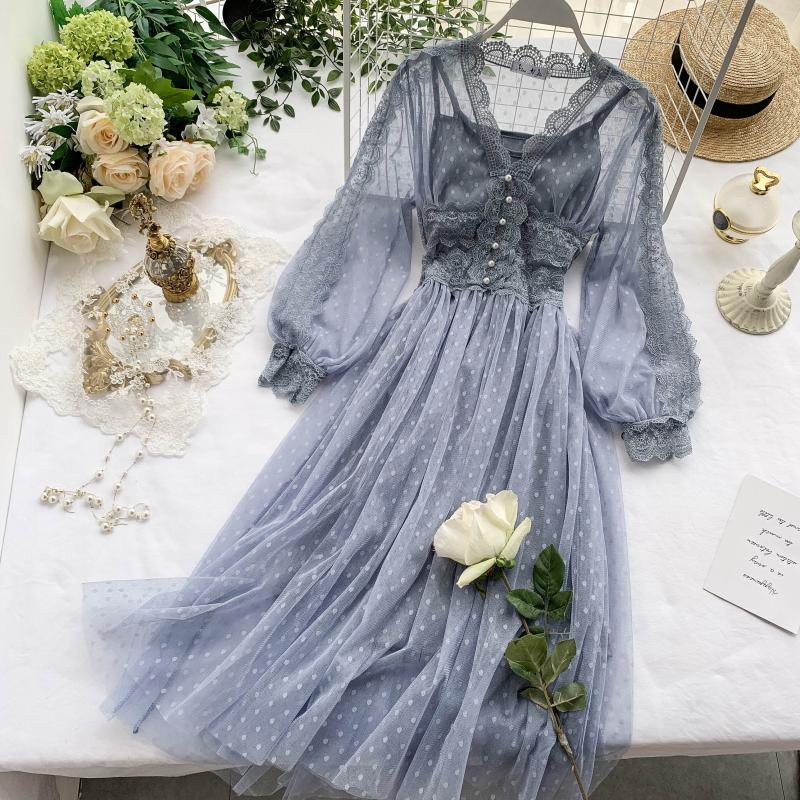 Korean Chic Vestidos De Fiesta Mesh See Through Dress 2022 Summer New Fashion Elegant Robe Long Dresses Kobieta Sukienka