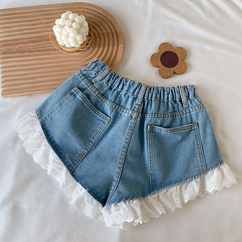 Lolita Girls Blue Denim Lace Two Piece Set Y2K Women Bustier Camis Crop Top High Waist Shorts Outfits Sexy Femenino 2 Piece Set