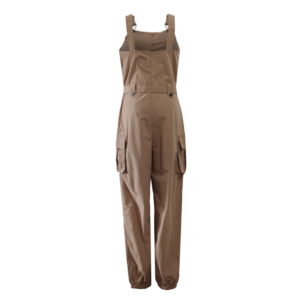 Jumpsuits Women Casual Cargo Playsuit Sleeveless O Neck Jumpsuit With Pocket and Belt Elegant Pencil Pants Loose Overalls