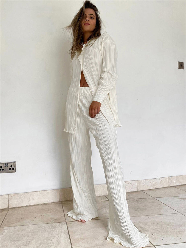 Lizakosht New Luxury Pleated Women's Set Oversized Two Piece Set Turn Down Collar Shirt Top And Pants Sets Casual High Street