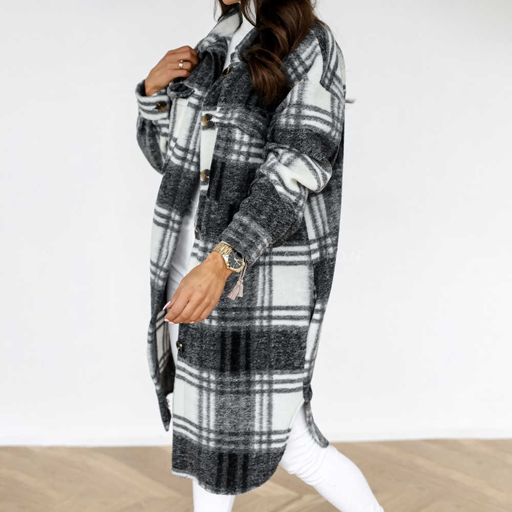 Women Vintage Warm Shirt Jacket Autumn Winter Plaid Long Shirt Jacekt Casual Loose Buttons Pockets Turn down Shirt Coat