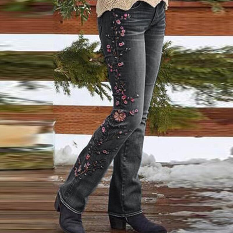 New Fashion Plus Size Straight Mid Waist Women Jeans Vintage Jeans Women Flower Embroidery Pants Straight Stretch Jeans S-XXXL