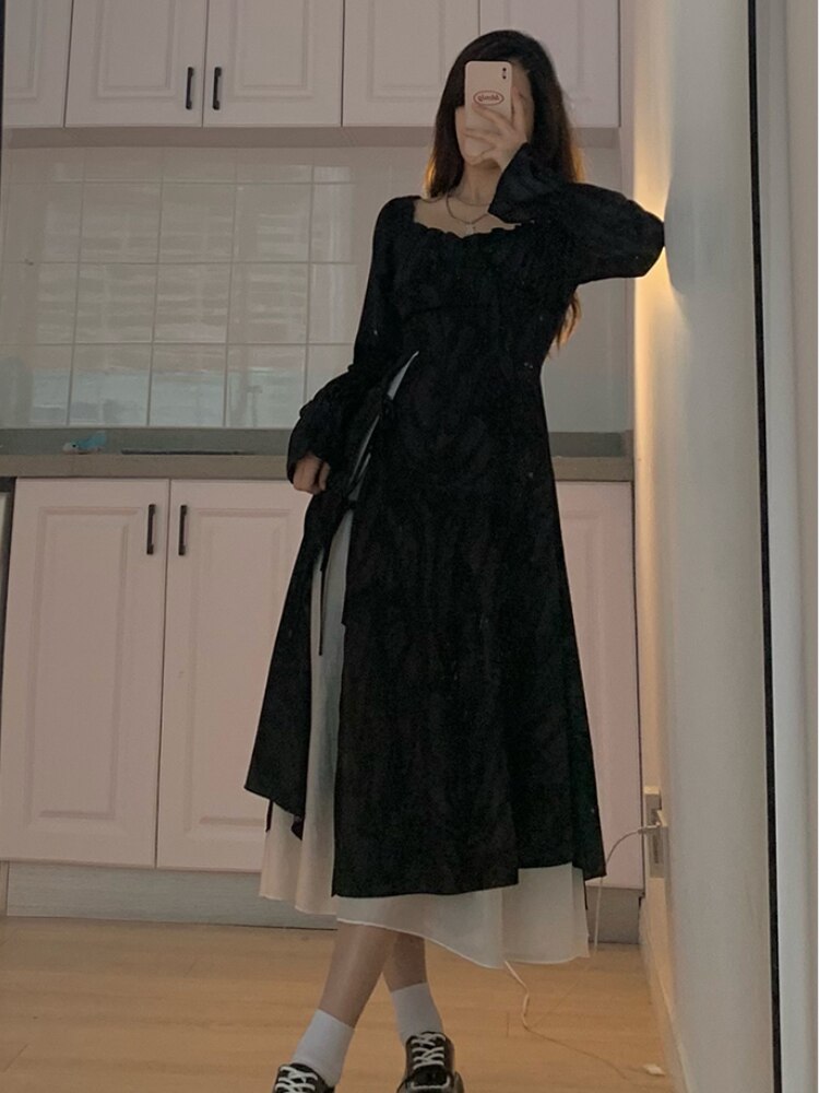 Elegant Party Midi Dress Women Autumn 2022 Black Korean Style Split Y2k Dress Female Bandage Slim French Vintage Dress Designer