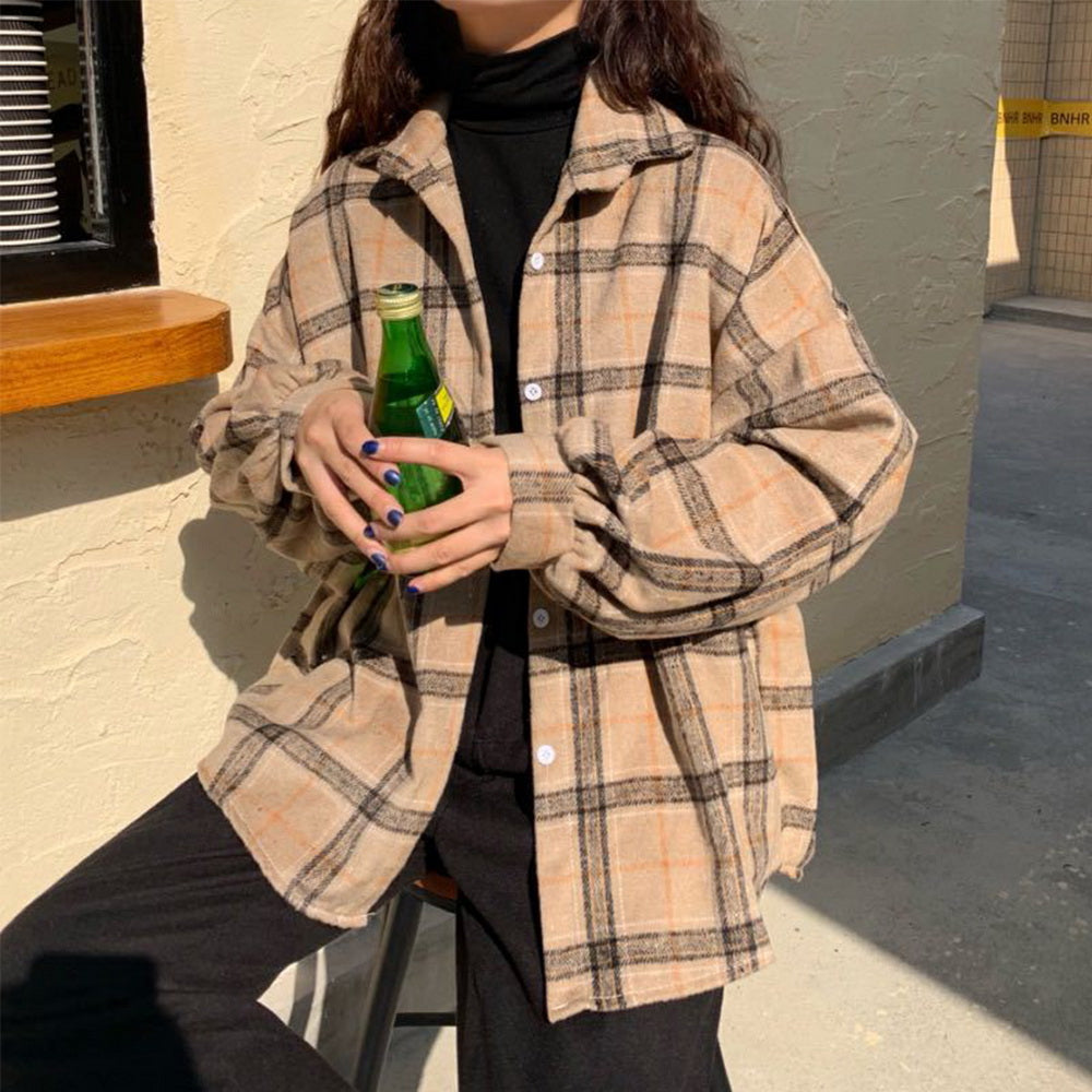 Women Vintage Warm Shirt Jacket Autumn Winter Plaid Long Shirt Jacekt Casual Loose Buttons Pockets Turn down Shirt Coat