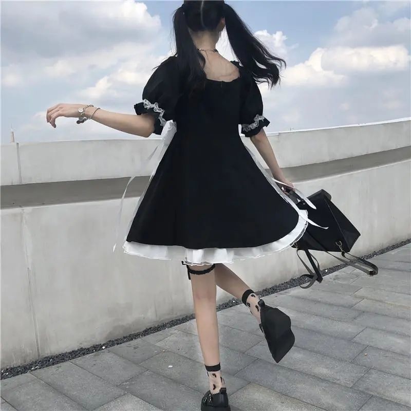 Lizakosht Women's Gothic Lolita Dress Goth Punk Gothic Harajuku Mall Goth Style Bandage Black Dress Emo Clothes Dress Spring