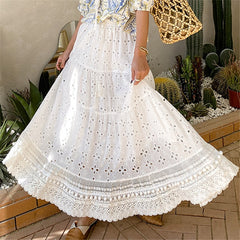 Lizakosht white eyelet skirts for women elastic waist tassel tied pom pom trims summer skirt long bohemian skirts womens