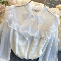 Spring Autumn New Temperament Fashion Blouse Women Sweet Fungus Chiffon Lantern Sleeve Stitching Slim Short Shirt UK977