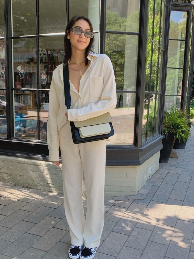 Autumn New Pant Suits Women Long Sleeve Solid Shirt Elastic Waist Wide Leg Pants Set Mujer 2 Piece Set Casual Outfit