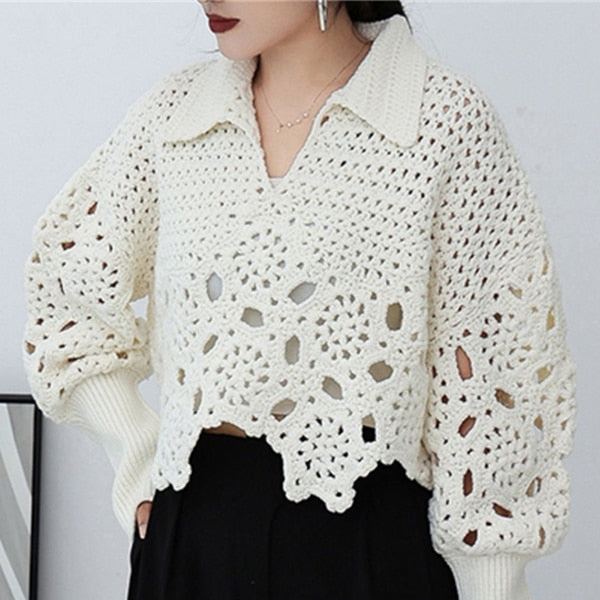New  Spring Autumn Women Sweater Pullovers Knitted Korean Fashion Hollow Out Irregular Jumpers Short Tops