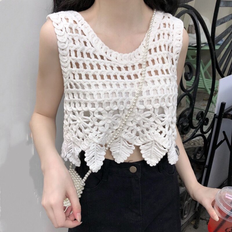 Lizakosht Patchwork Cropped Top Women Clothing Knitted Hollow Out Camisole Female Clothes Backless Lace Tops Ladies Tank-top Summer