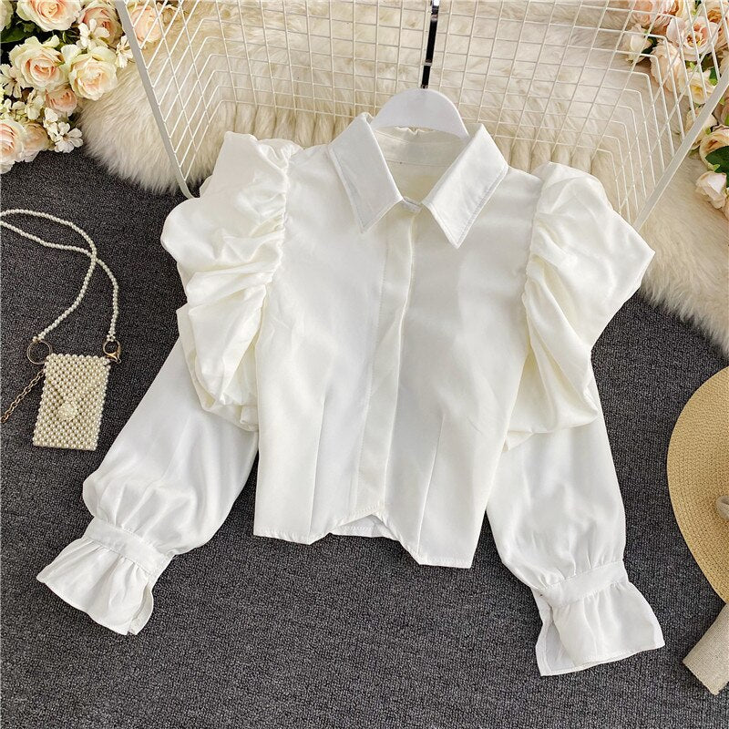 Fashion Spring Autumn New Temperament Blouse Women Retro Puff Sleeve Blusa Lapel Short Shirt KK1096
