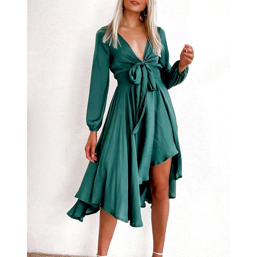 GypsyLady Vintage Chic Midi Dress Long Sleeve Autumn Chic Holiday Dress Women V-neck Bow Sexy Ruffle office Ladies Party Dresses