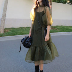 Lizakosht - Vintage High Street Midi Dress Women Loose Puff Sleeve Fairy Korean Party Dress Female Streetwear Casual Y2k Dress Summer