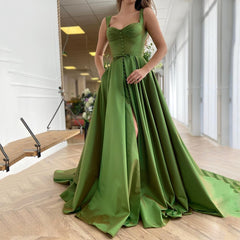 UZN New Arrival Green Satin Bustier A-Line Prom Dress Elegant Straps Evening Dress Plus Size Split Party Dress