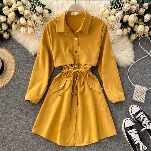 New Women Short Dress Spring Autumn Turn Down Collar Single-breasted Casual Dresses Ladies Shirts Dress