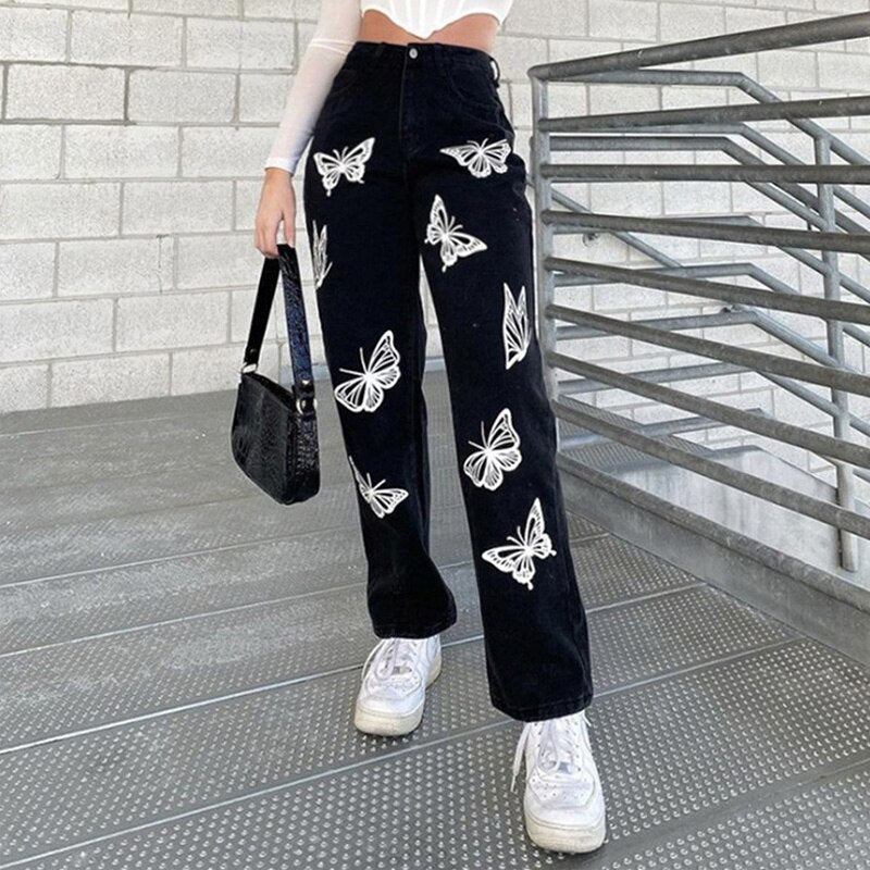 Vintage Broad Legs Trousers Butterfly Print Pants High Waist Slim Jeans Denim Pants Women Trousers Cargo Pants Black Streetwear