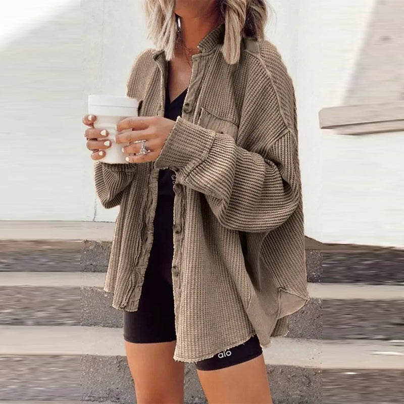 Lizakosht  Elegant Solid Color Ribbed Tops Lady Jackets Autumn Winter Fashion Breasted Button Women Coats Casual Loose Long Sleeve Outwears