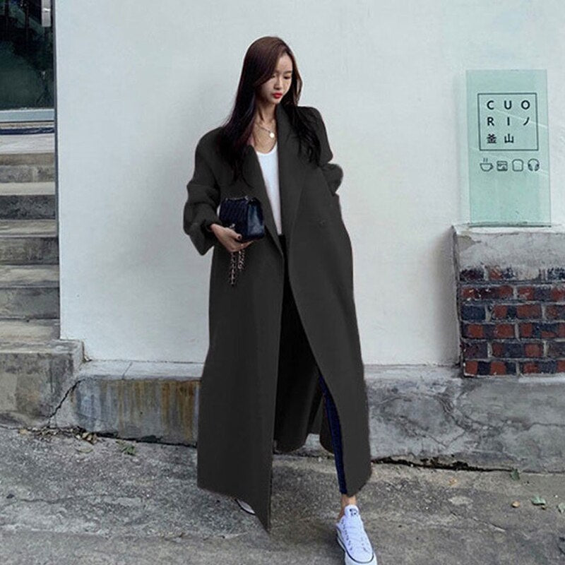 Lizakosht Autumn Winter Women Warm Korea Ins Jacket Double-Sided Cashmere Women's Long Loose Side Slit Wool Tweed Coat Elegant Overcoat