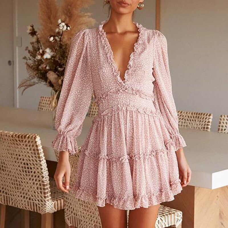Vintage Mini Dress Ladies 2022  Party Dress Floral Print Ruffle Boho Dress Women Backless V-Neck Sexy Dress Women