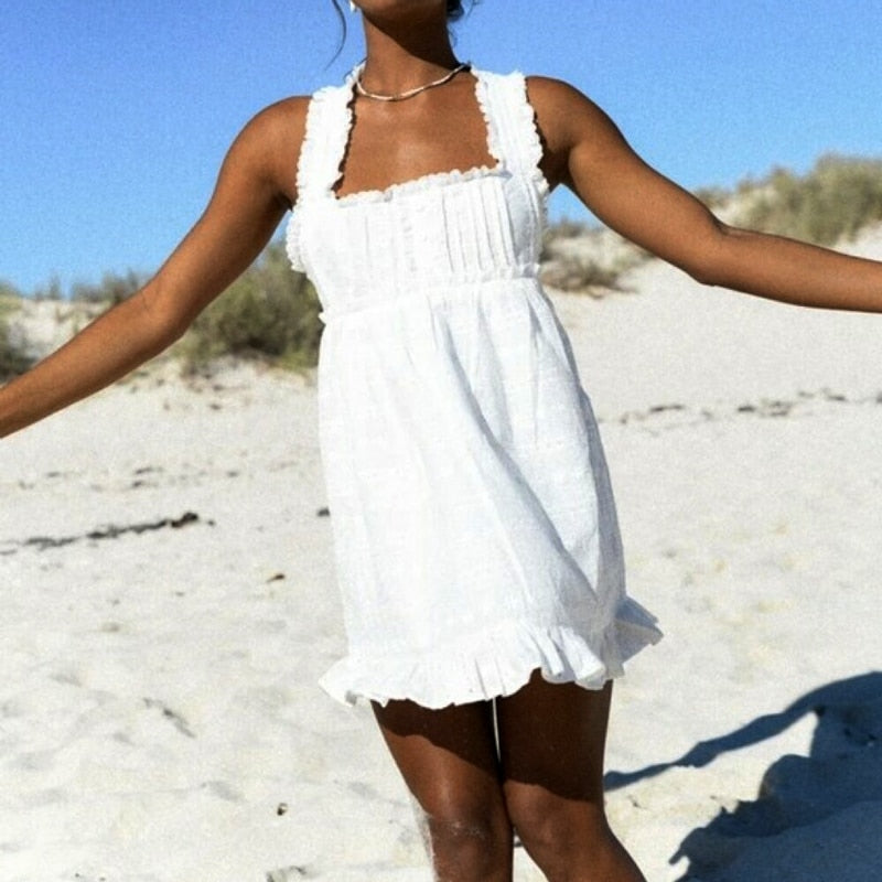 Lizakosht sleeveless strips mini summer cotton dress women cross back embroidery eyelet boho beach dress new ladies dress