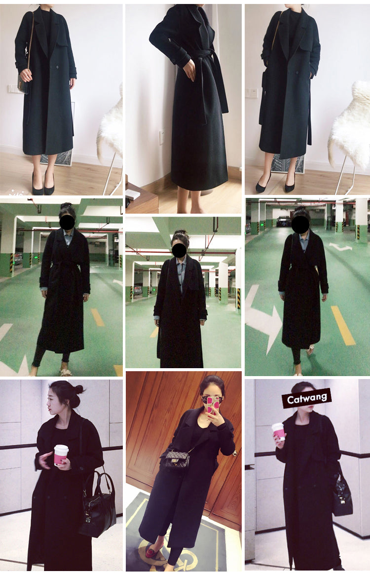 Fall/Winter 2021black woolen coat women's fashion coat loose belt temperament is thin casual wool coat trench  Office Lady Long