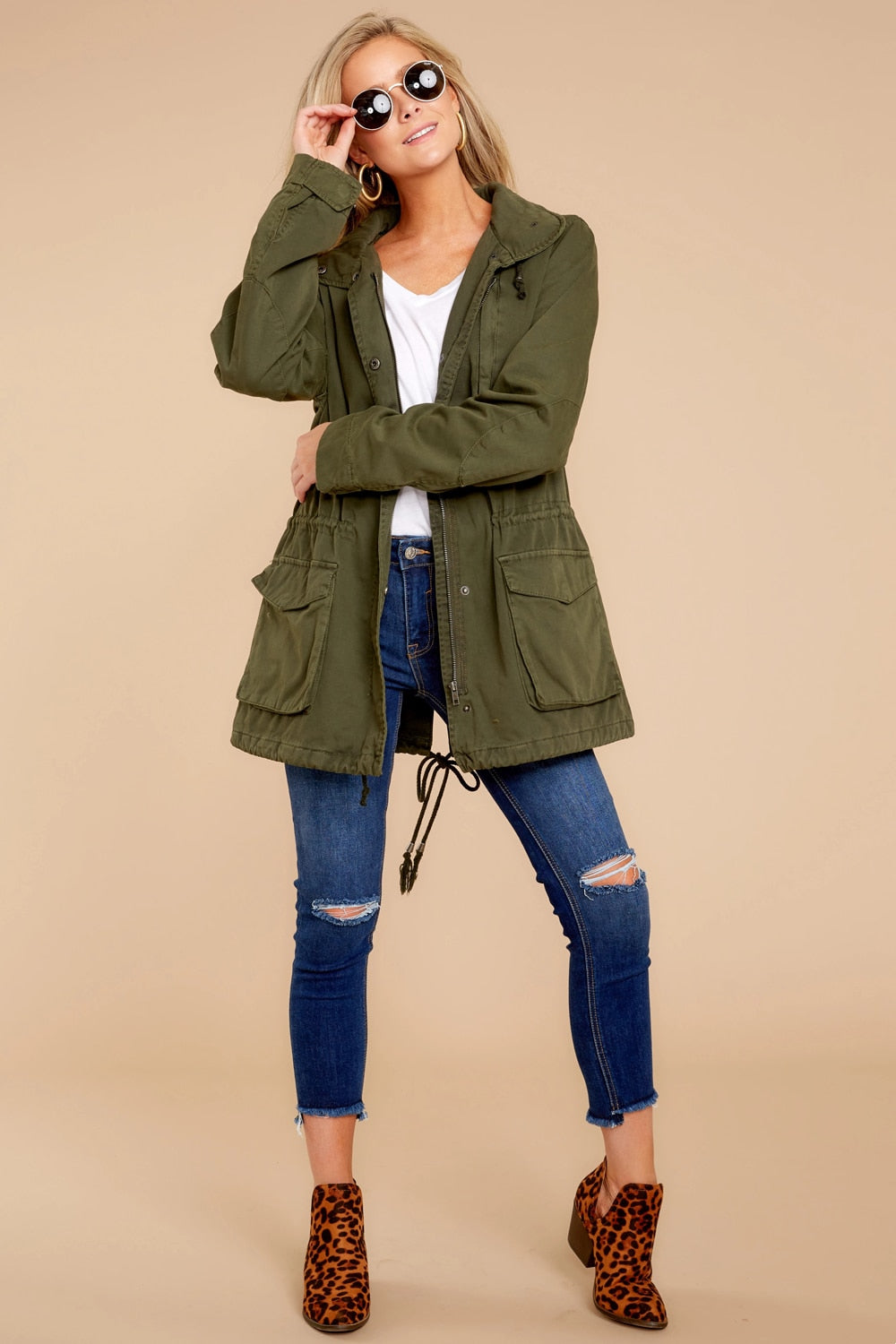 Lizakosht Military Jacket Women Hooded Windbreaker Autumn Winter Female Long Sleeve Outerwear Casual Streetwear Stand Collar Zip Up Jacket