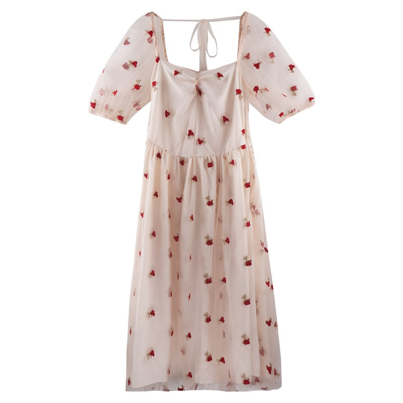 Vintage Elegant Point Lace Korean Party Dresses Lady Short Sleeve Dress for Women Female A-Line High Waist Vestidos 2022